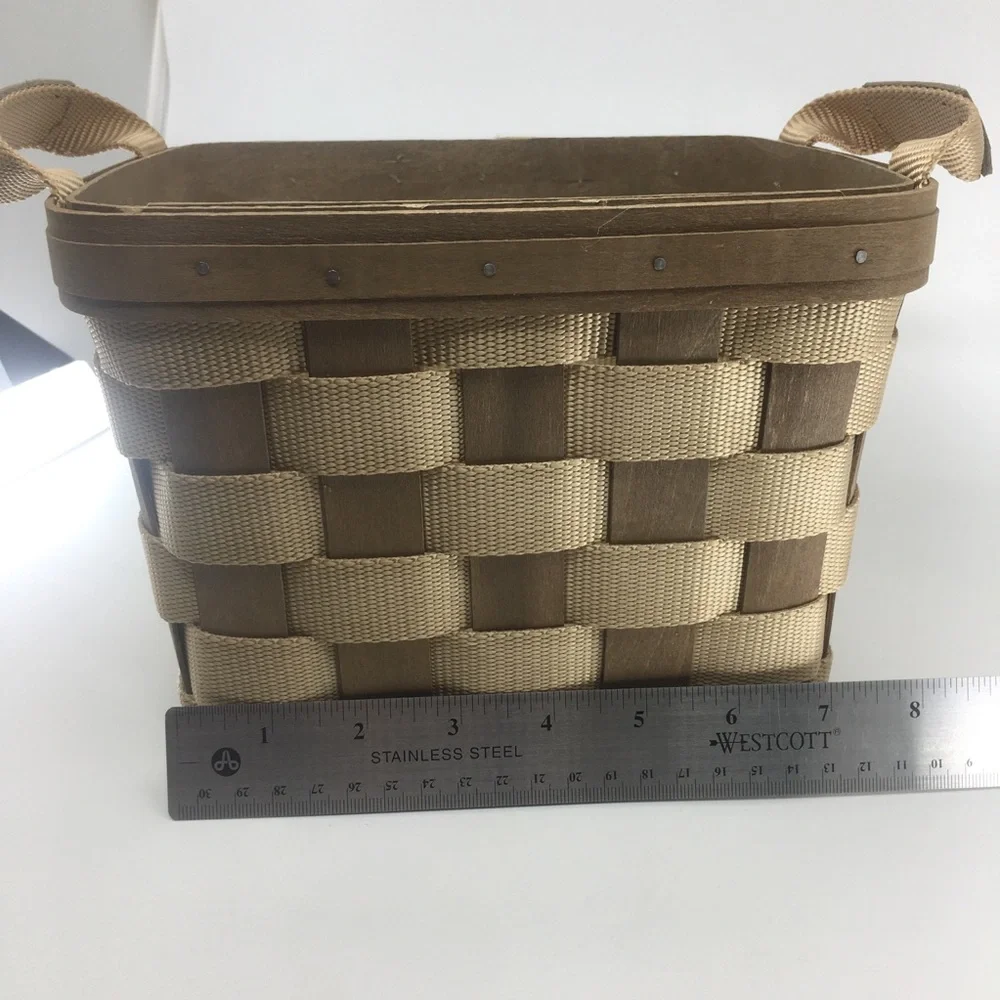 Vintage Longaberger Signed Bring Along Basket Tan Nylon Wood With Side Handles - Picture 10 of 11